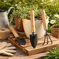 3-piece garden tools kit with wooden handle and black metal heads